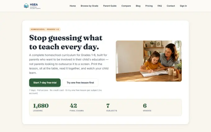 Homeschool Education Academy homepage on desktop