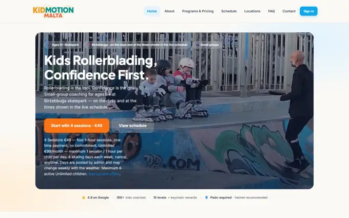 KidMotion Malta homepage on desktop