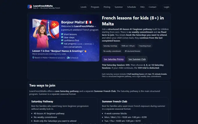 LearnFrenchMalta homepage on desktop